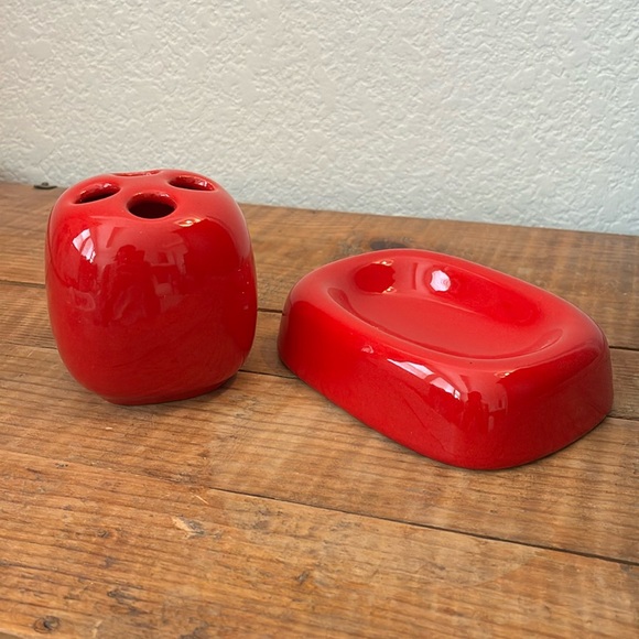Vintage red 80s bathroom accessories set soap & toothbrush holder NEW Old Stock - Picture 1 of 5